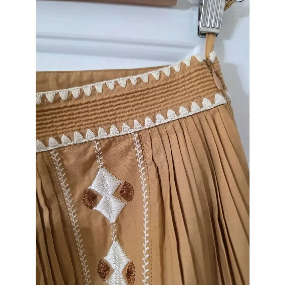 Ulla Johnson Midi Pleated Brown Sabina Embroidered Skirt 0 NWT - Picture 10 of 12